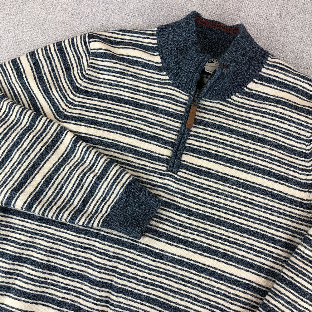 Duluth Trading Sweater Strongarm Striped 1/4 Zip Pullover Men's Large Blue White